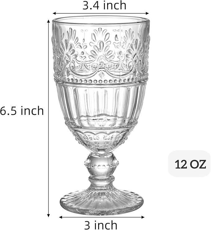 AVLA 6 Pack Glass Goblet, 12 OZ Vintage Wine Glassware, Romantic Wedding Glass Set, Drinking Stemware Beverage Cups for Party, Bar, Champagne, Juice, Beer, Cocktail, Embossed Design