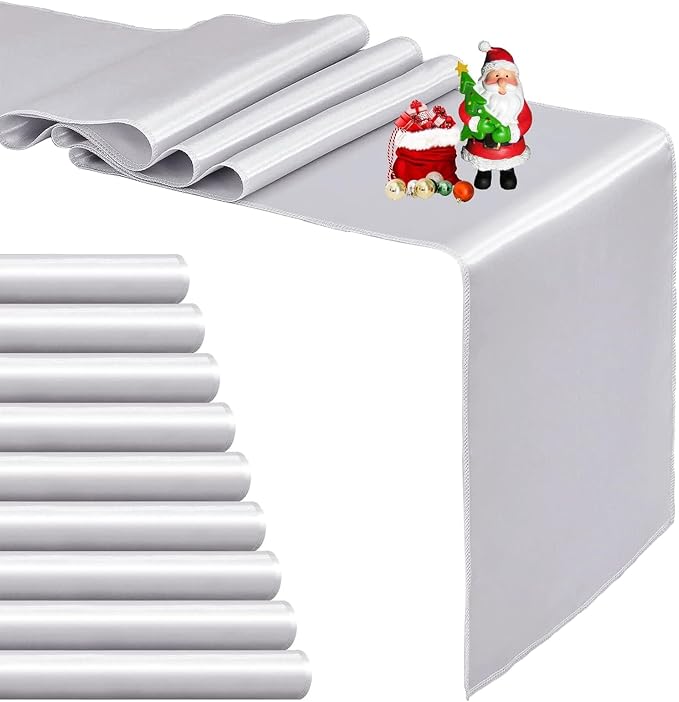 10-Pack Silver Satin Table Runner 12 x 108 Inch Long Bright and Smooth Silk Fabric Table Runner for Wedding Banquet Birthday Party Decoration by Pufogu
