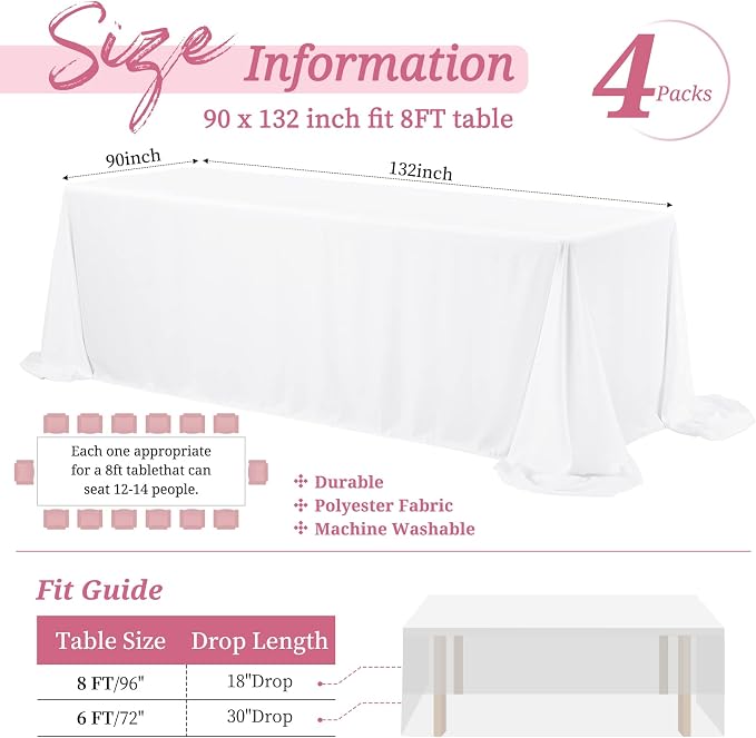 Showgeous 4 Pack White Polyester 90x132 Inch Tablecloths | Soft polyester, wrinkle resistant, fade resistant, smooth finish, fine stitching, folded hems, reusable, machine washable - Image 2