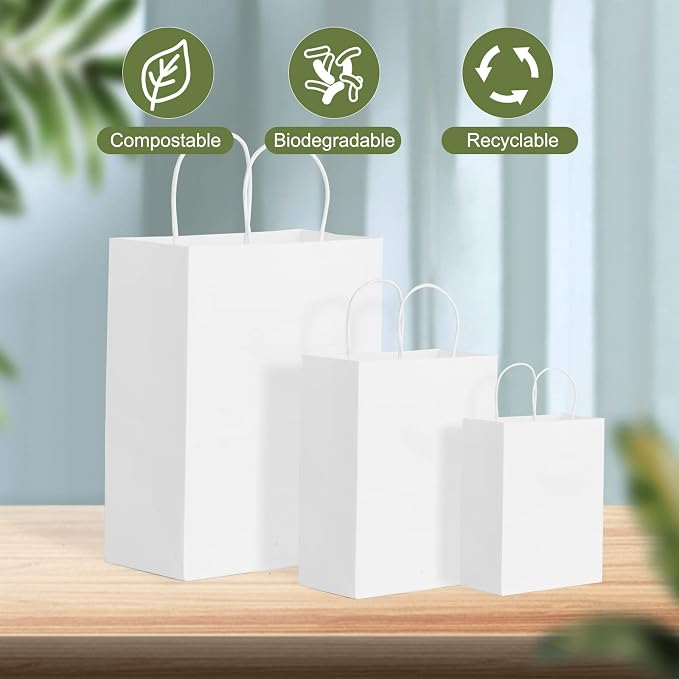 Landteek Fine 100pcs White Kraft Paper Bags with Handles Mixed Size Gift Bags Bulk,Craft Grocery Shopping Retail Birthday Party Favors Wedding Sacks Restaurant Takeout, Business - Image 2