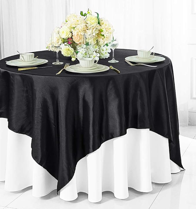 (2 PCS 54" Square Satin Table Overlays Toppers Tablecloths Table Overlay Cover Linens for Wedding Decoration Party Banquet Events - Black