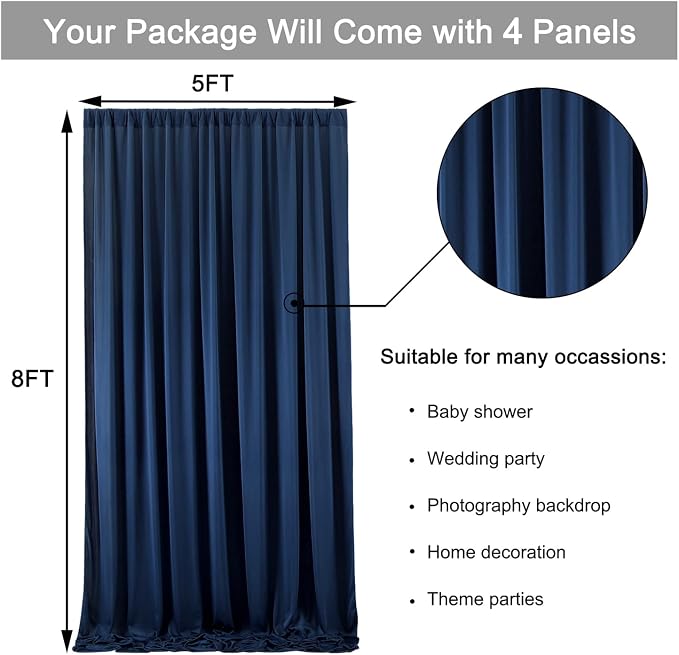 20 ft x 8 ft Navy Blue Backdrop Curtain Panels, 4 Panels 5 ft x 8 ft Wrinkle Free Polyester Photography Backdrop Drapes, Wedding Party Home Decoration Supplies - Image 5