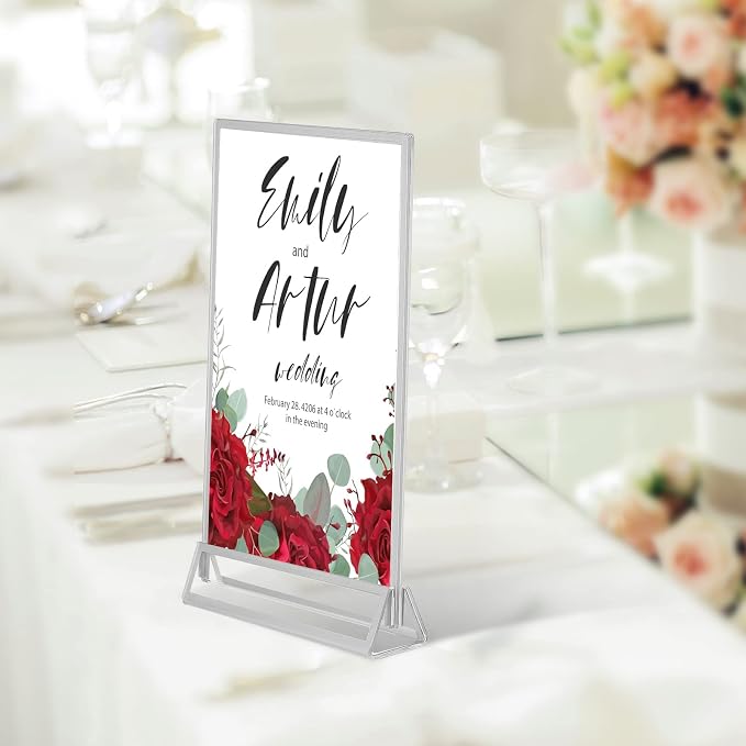 Blulu 12 Pack Acrylic Sign Holder Double Sided Picture Frame Wedding Table Number Stands with Border and Vertical Clear Display Menu Holders for Wedding Party Restaurant(5 x 7 Inch,Silver) - Image 6