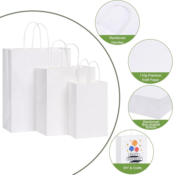 OUTUXED 120pcs Paper Bags with Handles Assorted Sizes Kraft White Bags | White Paper Gift Bags with Handles Bulk 3 Mixed Sizes for Retail, Party, Birthday, Gift, Shopping, Business, Merchandise - Image 4