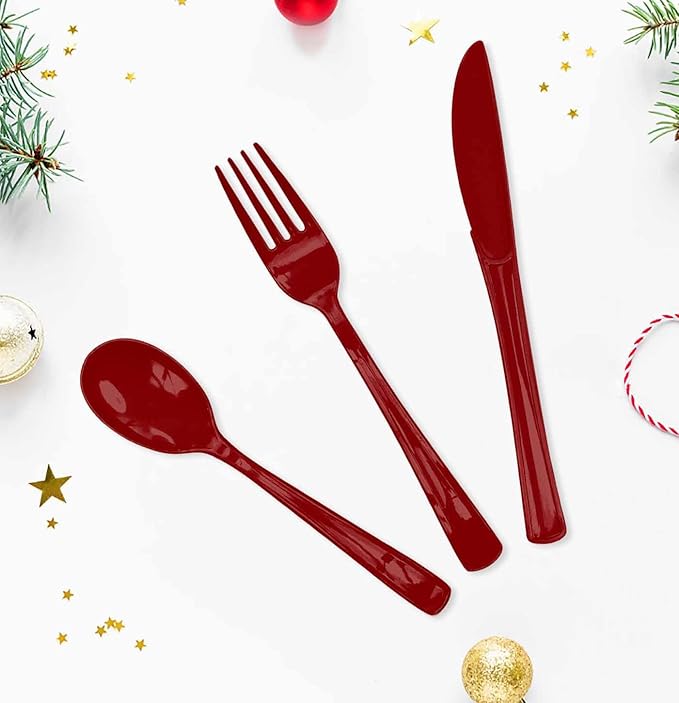 HEIPINIUYE 75 Pack Burgundy Plastic Cutlery Heavy Duty Burgundy Plastic Knives Forks and Spoons Disposable Silverware Set for 25 Guest Camping Birthday Baby Shower Party Cutlery Set