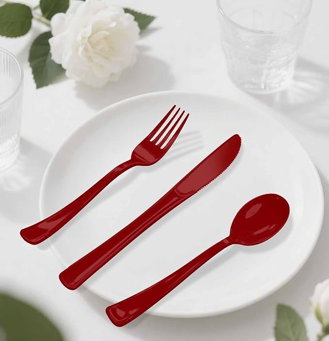 HEIPINIUYE 75 Pack Burgundy Plastic Cutlery Heavy Duty Burgundy Plastic Knives Forks and Spoons Disposable Silverware Set for 25 Guest Camping Birthday Baby Shower Party Cutlery Set