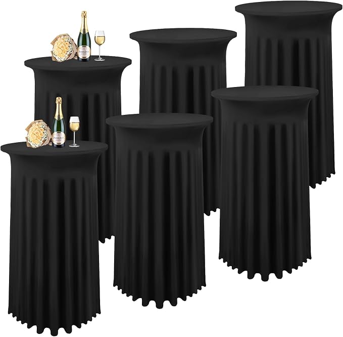 6 Packs Cocktail Table Covers Black Cocktail Table Cloth 32"x 43" Spandex Stretch Small Round Tablecloth for 32in Table with Wavy Drapes Fitted High Top Table Cloth for Party Wedding Banquet Bar Table by Lykoow