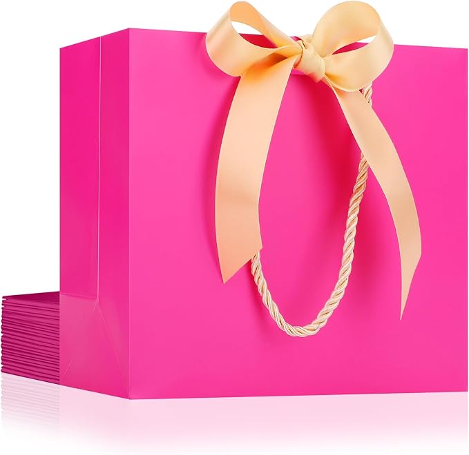 EUSOAR Hot Pink Gift Bags, 12pcs 8.6"x3.9"x7" Small Shopping Paper Bags with Bow Ribbon Handle, Party Favor Kraft Paper Bags Thank You Gift Treat Bags for Merchandise Shopping Wedding Birthday by EUSOAR