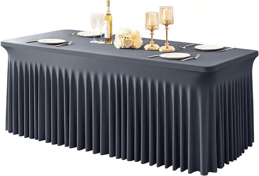 1 Pack Grey Table Clothes for 8 Foot Rectangle Tables, One-Piece Wrinkle Resistant Stretch Spandex Table Covers with Skirt for Event Banquet Wedding Birthday Party by PartyTalk