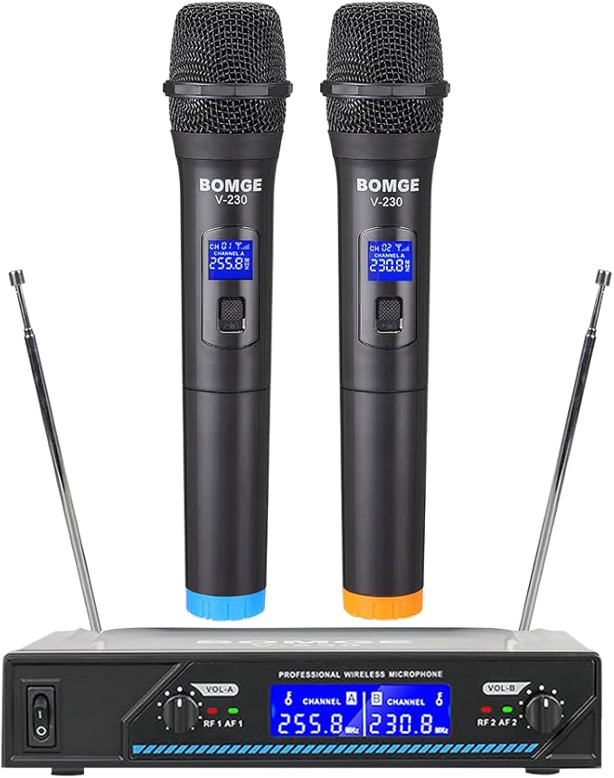 Wireless Microphone System, BOMGE Pro 4-Channel Cordless Mic Set with Four Handheld Mics, Fixed Frequency, Long Range 200ft, Ideal for Church,Karaoke, Events (V210)