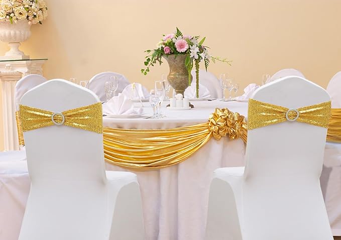 Full Sparkly Sequins Gold Chair Sashes for Wedding, Shimmering Glitter Chair Bands Bows for Party Ceremony Event Decorations - 50 Pack - Image 2