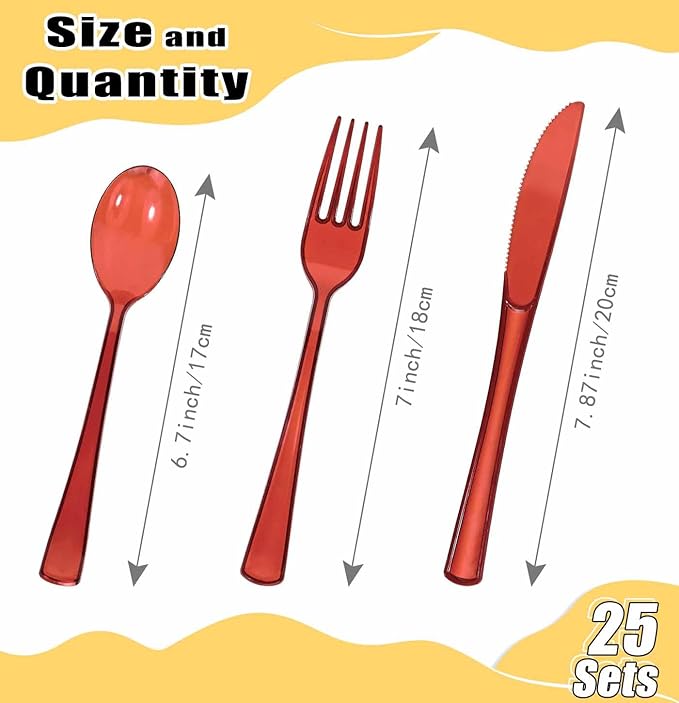 HEIPINIUYE 75 Pack Red Clear Plastic Cutlery Heavy Duty Clear Red Plastic Knives Forks and Spoons Disposable Silverware Set for 25 Guest Birthday Baby Shower Christmas Party Utensil Set