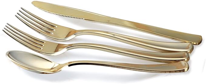 " OCCASIONS " 200pcs set (25 Guests)-Heavyweight Wedding Party Disposable Plastic Plate Set -25 x 10.5'' + 25 x 7.5'' + Silverware + Cups + Napkins (Sundance in White & Gold) - Image 2