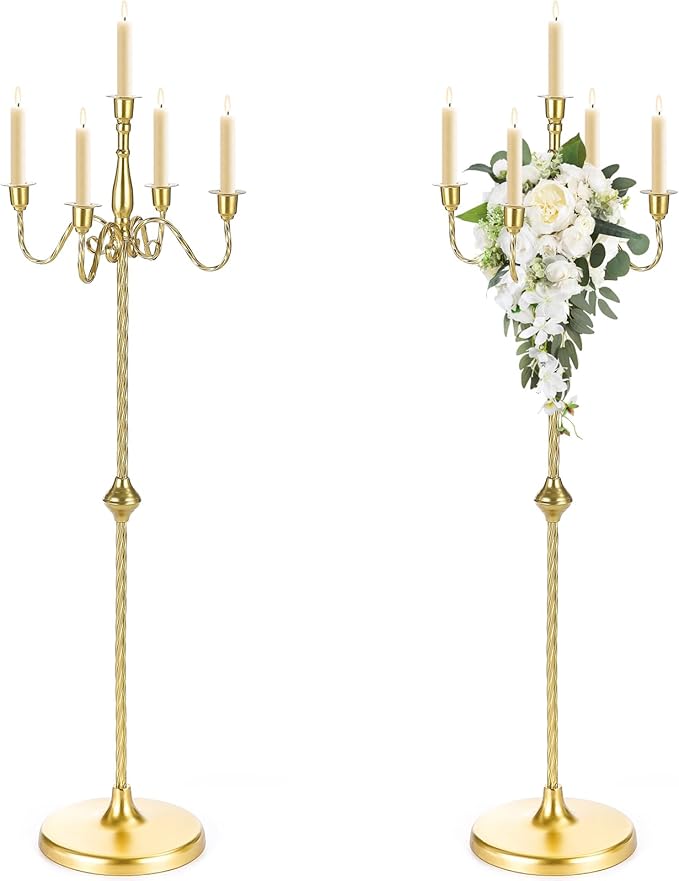 42.7 Inch Floor Candelabra Candle Holder Set of 2, 5 Arms Gold Candlestick Holders, Tall Candelabras Centerpiece for Taper Candles, Metal Standing Candlesticks for Wedding Birthday Party Home Decor