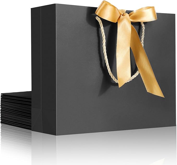 EUSOAR Gift Bags With Ribbon, 12pcs 10.6"x3.1"x8.3" Black Kraft Thank You Paper Bags With Bow Ribbon Handle, Shopping Welcome Gift Treat Bag for Wedding Baby Shower Guests Bridal by EUSOAR