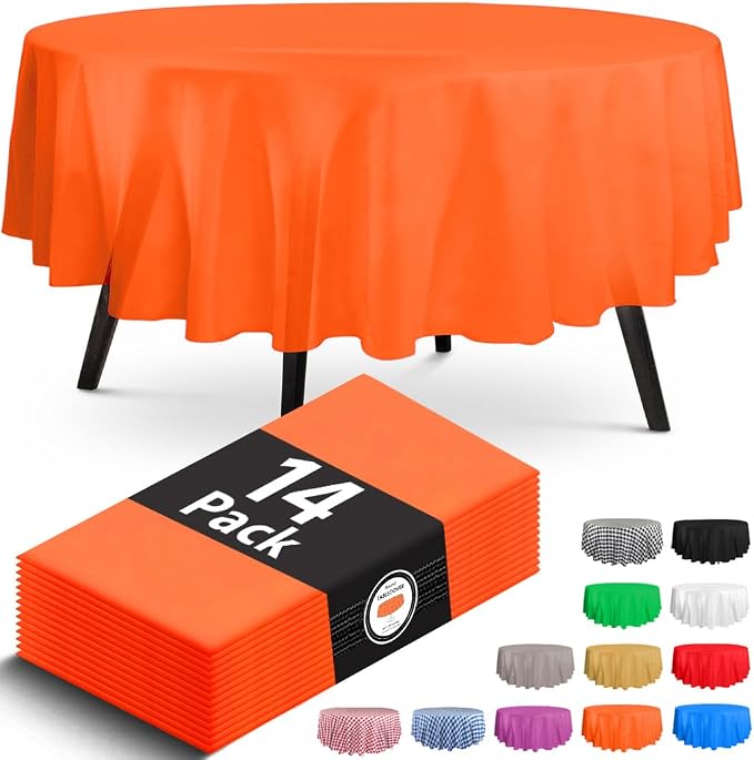 Premium Round Orange Plastic Tablecloth - 84 x 84 in. Disposable Plastic Table Cloth - Smooth Decorative Table Cover - For Parties, Weddings by HSGUS