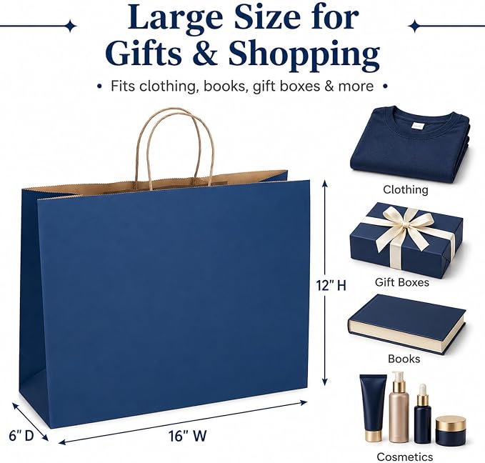 Large Kraft Paper Bags with Handle Bulk for Shopping,70pcs,Navy Blue | 16x6x12 Inch,120GSM,Thick,Durable,8LB Load,Heavy Duty for Retail ,event,boutiques,corporate gifts,wedding,party - Image 2