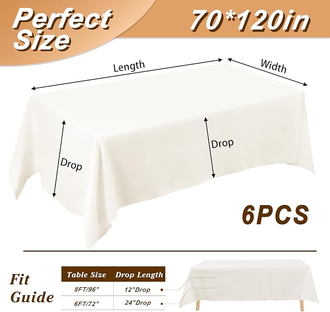 Fixwal 6 Pack 70 x 120 Inch Tablecloths Rectangle Ivory Table Cover | Polyester Fabric,Reusable, Machine Washable And Ironable, Ideal For Wedding, Bridal Shower And Boho Party - Image 2