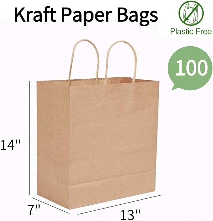 COGLARING 100Pcs Kraft Shopping Bags 13x7x14 Brown Paper Bags with Handles Bulk, for Gifts, Merchandise, Retail, Party Favor, Take-out, Grocery, Recycled Paper Gift Bags - Image 2