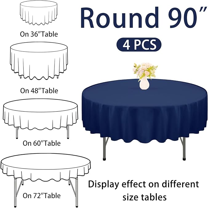 4 Pack Round Tablecloth 90 Inch Polyester Navy Blue Washable Fabric Table Covers for Wedding Dining Table Buffet Parties Banquet Decoration（Navy Blue） - Image 2