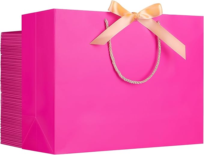 EUSOAR Hot Pink Gift Bags, 50pcs 16"x6"x12" Large Thank You Paper Gift Bags with Bow Ribbon Handles, Gift Wrap Shopping Treat Bags Bulk for Wedding Party Favor Grocery Baby Showers Birthday by EUSOAR