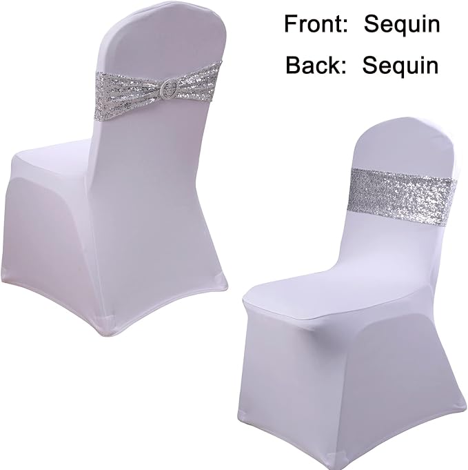 Sequin Silver Chair Sashes 100 Pack - Glitter Chair Bows Bands with Buckle for Wedding Birthday Party Bridal Shower Anniversary Engagement Christmas Events Decorations - Image 2
