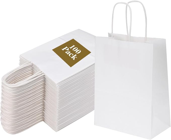 Joybe 100 Pack 5.95x3.25x8 Inch Small White Paper Bags with Handles Bulk, Kraft Paper Gift Bags for Birthday Party Favors Grocery Retail Shopping Business Goody Merchandise Craft Blank Sacks (100pcs) by Joybe
