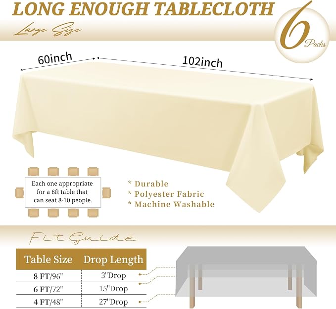 6 Pack Tablecloth 60 x 102 inch Polyester Table Cloth for 6 Foot Rectangle Tables,Stain and Wrinkle Resistant Washable Fabric Table Covers Polyester Beige Table Clothes for Wedding,Party,Banquet - Image 2