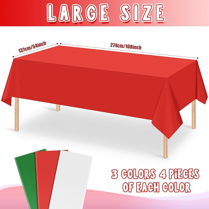 MASHAN 12 Pack Christmas Tablecloth Bulk, Red White Green Disposable Tablecloths, Rectangle Italy Theme Table Covers for Christmas Family Gathering Dining and Italian Party Decoration,54 x 108 Inch - Image 2