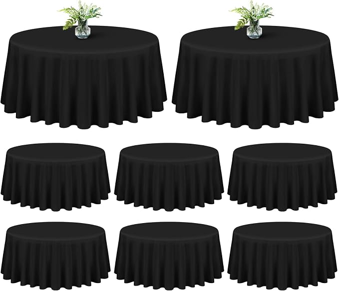Showgeous 8 Pack Black Polyester 90 Inch Round Tablecloths | Soft polyester, wrinkle resistant, fade resistant, smooth finish, fine stitching, folded hems, reusable, machine washable by Showgeous
