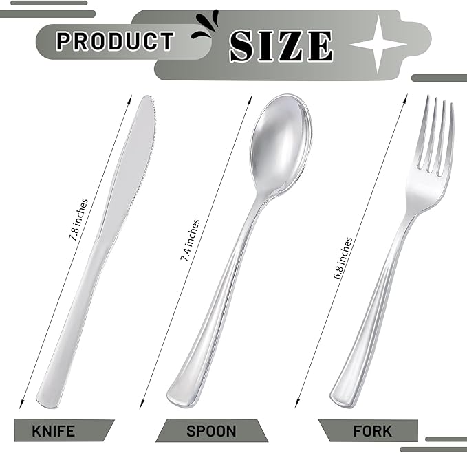 300Pieces Silver Plastic Silverware - Heavy Duty Disposable Utensils - Silver Plastic Cutlery Set Includes 100 Forks, 100 Spoons, 100 Knives for Dinner Parties Weddings