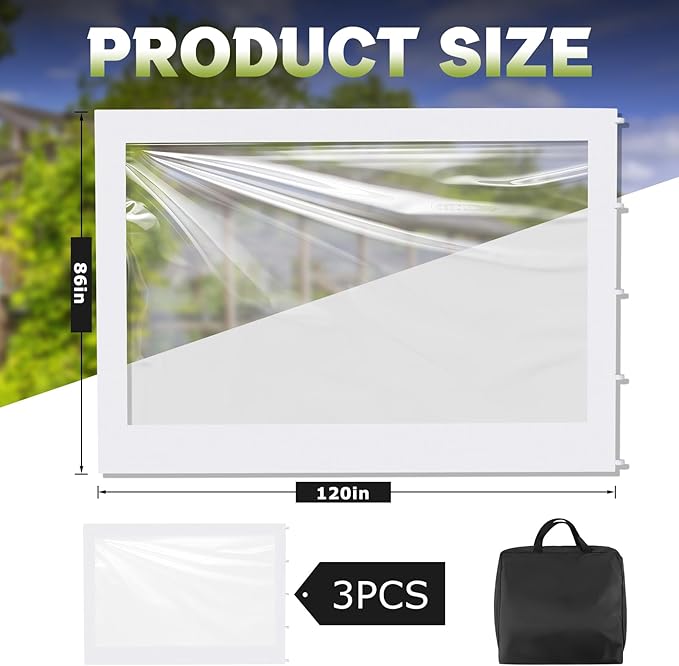 3 Pcs Clear Canopy Sidewalls with Black Storage Bag Window Sidewall for 10 x 10 Inch Tent Waterproof Shade Wall, Sunwalls Only, Canopy Tent Not Included, No Zipper(White)