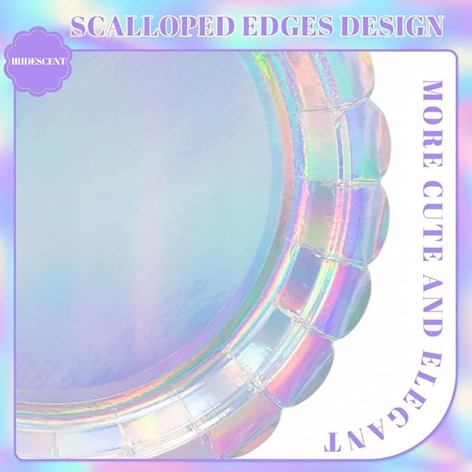 30 Pcs Iridescent Plates Disposable 9 Inch Scalloped Holographic Plates Sliver Birthday Cake Dessert Plate for Mermaid, Disco, Unicorn Birthday