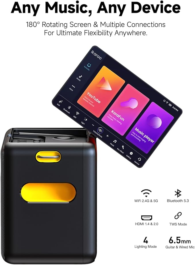 Professional Karaoke Machine for Adults, PA System, 300W Speaker with Built-in Screen with Lyrics Display with Self-Charging 2 Micphones，Support WiFi AUX HDMI for TV Projector