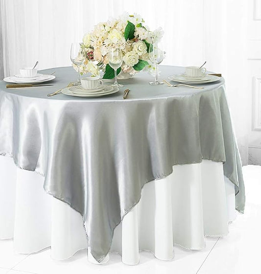 (2 PCS 54" Square Satin Table Overlays Toppers Tablecloths Table Overlay Cover Linens for Wedding Decoration Party Banquet Events - Platinum