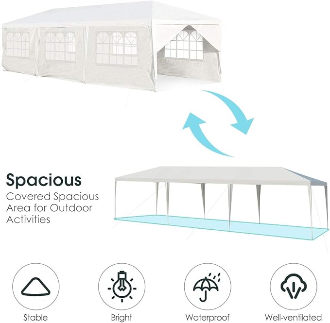 Tangkula 10' x 30' Outdoor Waterproof Gazebo Canopy w/ 6 Removable Sidewalls and 2 Doorways, Heavy Duty Large Tent w/Strong Connection Stakes Ropes for Party Wedding Events Beach BBQ (White)