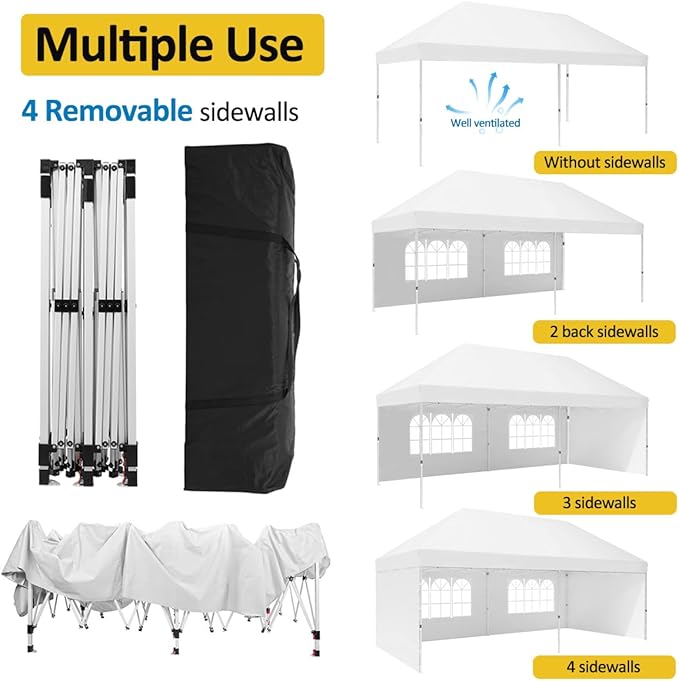 Eachbid 10' x 20' Pop Up Canopy Gazebo Commercial Tent with 4 Removable Sidewalls, Large Party Tent, Event Shelter Gazebo Canopy with 4 Sandbags, Stakes X12, for Patio Party Weddings Picnic (White)