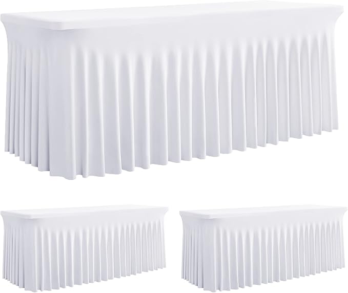 Outpain 2 Pack White Table Clothes for 8 Foot Rectangle Tables, One-Piece Wrinkle Resistant Stretch Spandex Table Covers with Skirt for Event Banquet Wedding Birthday Party by Outpain