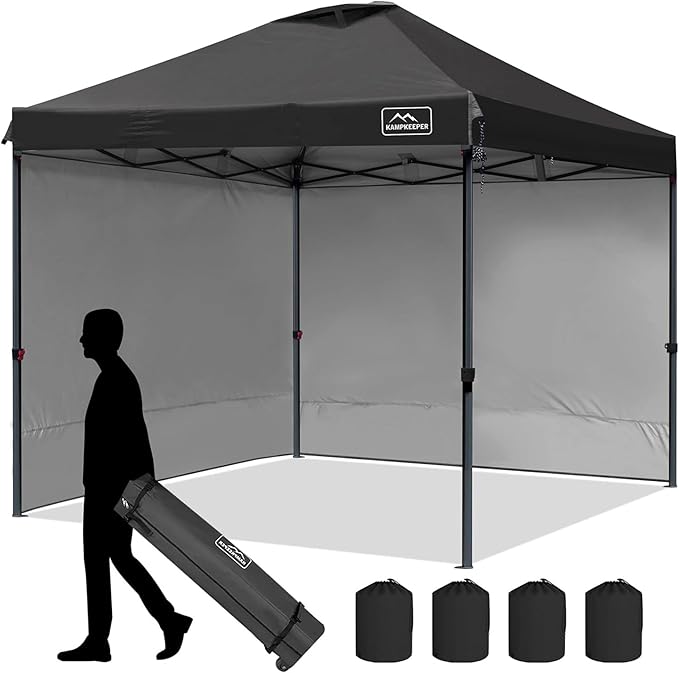 KAMPKEEPER 10x10 Pop-Up Canopy Tent, Waterproof, Portable Shade with Side Walls, Adjustable Instant Outdoor Shelter for Camping, Backyard, and Events, Black