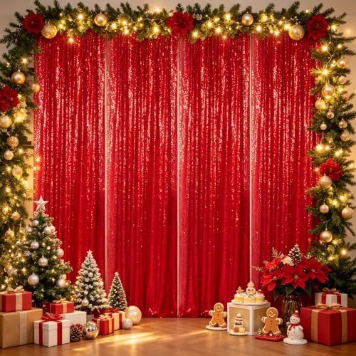 ShinyBeauty Red Sequin Backdrop 4 Panels 2x8ft for Photo Booth Curtains by ShinyBeauty