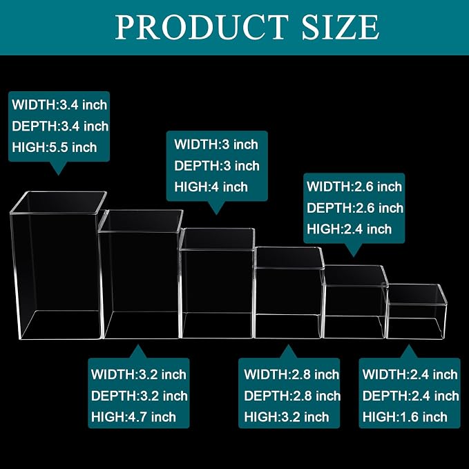 Thyle Jewelry Acrylic Risers Square Cube Display Nesting Risers Figure Stand with Hollow Bottoms Display Stand Shelf for Cosmetics Food Collectibles Perfume, 6 Sizes(Clear,12) - Image 2