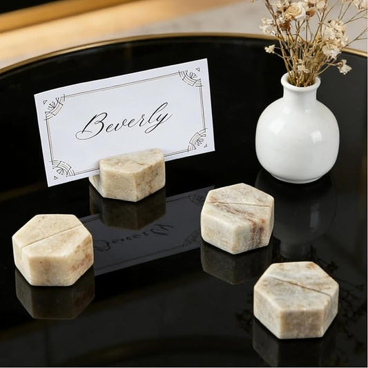 Marble Hexagon Place Card Holders, Exquisite Marble Photo Display Stands, 4 Piece Handmade Creative Card Stands, Multi-Use Place Sign Holders for Event Decor,Dinner Party and Wedding
