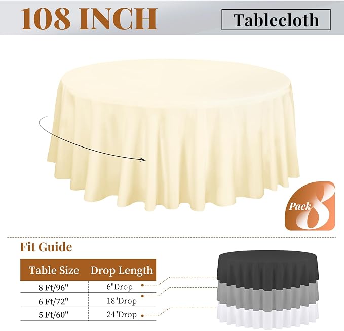 fani 8 Packs Beige Round Tablecloth - 108 Inch, Polyester | Table Cloth for Round Tables, Washable Fabric, TableCovers for Wedding, Party, Banquet, Dining Tables, Camping - Image 2