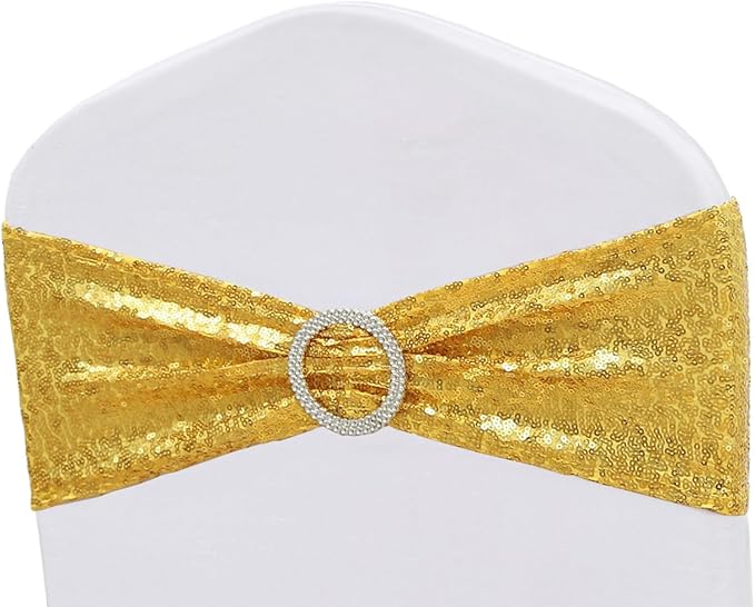 Full Sparkly Sequins Gold Chair Sashes for Wedding, Shimmering Glitter Chair Bands Bows for Party Ceremony Event Decorations - 50 Pack - Image 8