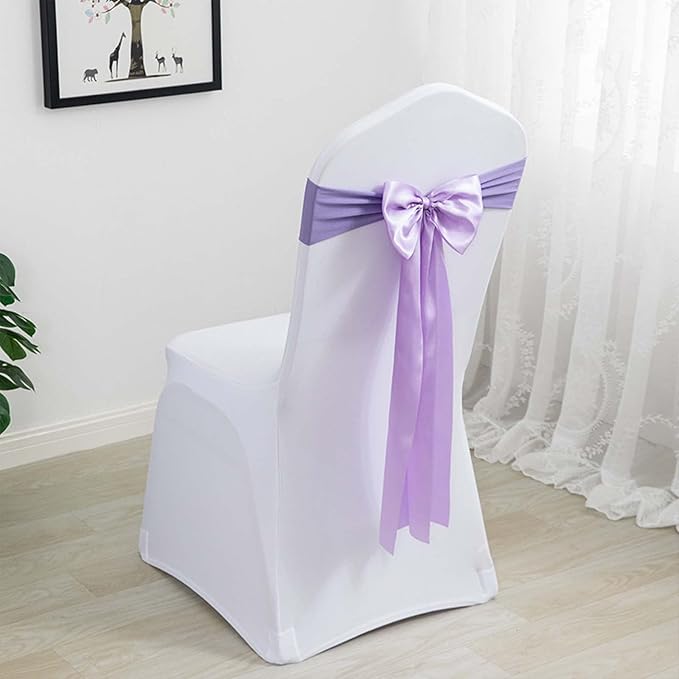 Dimatic 25 PCS Satin Chair Sashes Bows Chair Back Tie Bands for Wedding Banquet Events Reception Supplies Party Decoration Chair Cover sash (Lavender) - Image 2