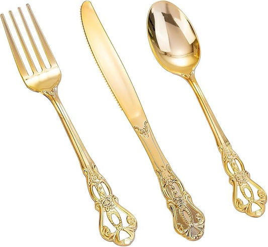 150 Pieces Gold Plastic Silverware - Heavy Duty Gold Disposable Utensils - Fancy Plastic Cutlery Set Includes 50 Forks, 50 Spoons, 50 Knives for Holidays Parties Weddings
