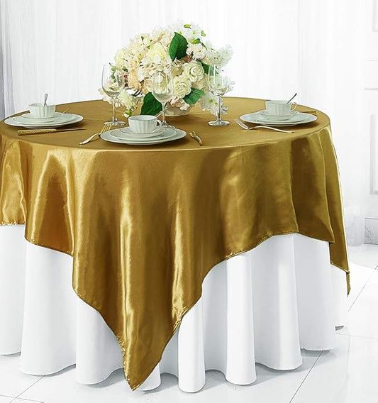 (2 PCS 54" Square Satin Table Overlays Toppers Tablecloths Table Overlay Cover Linens for Wedding Decoration Party Banquet Events - Antique Gold