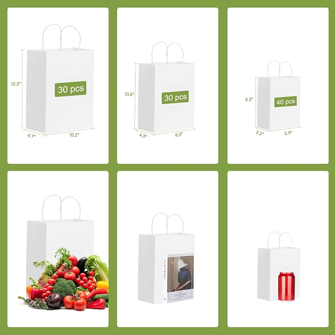 Landteek Fine 100pcs White Kraft Paper Bags with Handles Mixed Size Gift Bags Bulk,Craft Grocery Shopping Retail Birthday Party Favors Wedding Sacks Restaurant Takeout, Business - Image 4