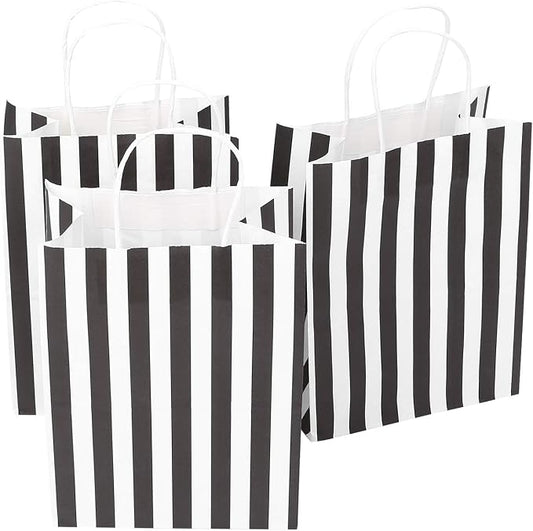 Medium Gift Bags with Handles,100Pcs Kraft Paper Bags,Black Strip | 8x4.75x10 inch,120GSM,Thick,Durable,Recyclable,6LB Load,for Shopping,Grocery,Retail,Party Favor,Wedding,Birthday,Christmas by Ronvir