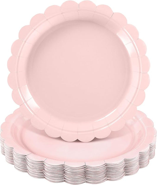 30 Pcs Pink Paper Plates 9 Inch Scalloped Pink Party Plates Cute Birthday Dessert Cake Plate for Easter Party, Baby Shower, Wedding, Bridal Shower